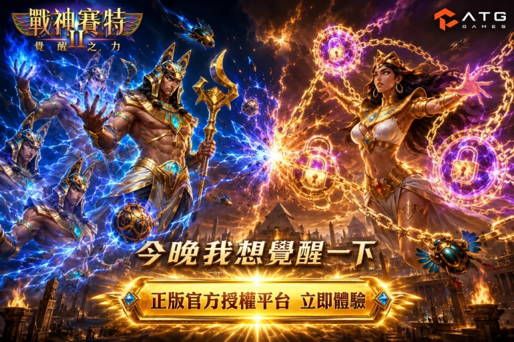 ATG戰神賽特2爆分攻略宣傳圖，展示男女賽特對決、鎖定倍數能力與埃及神話風格遊戲畫面。